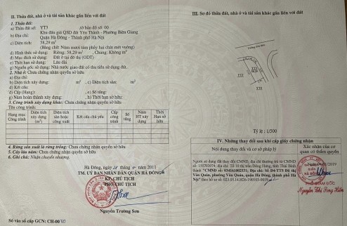 Cc gửi bán 58.29m2, 3.x tỷ., Đất đấu giá Yên Thành, Biên Giang, Hà Đông, Vị trí Kd đẹp với vô vàn tiện ích xung quanh.