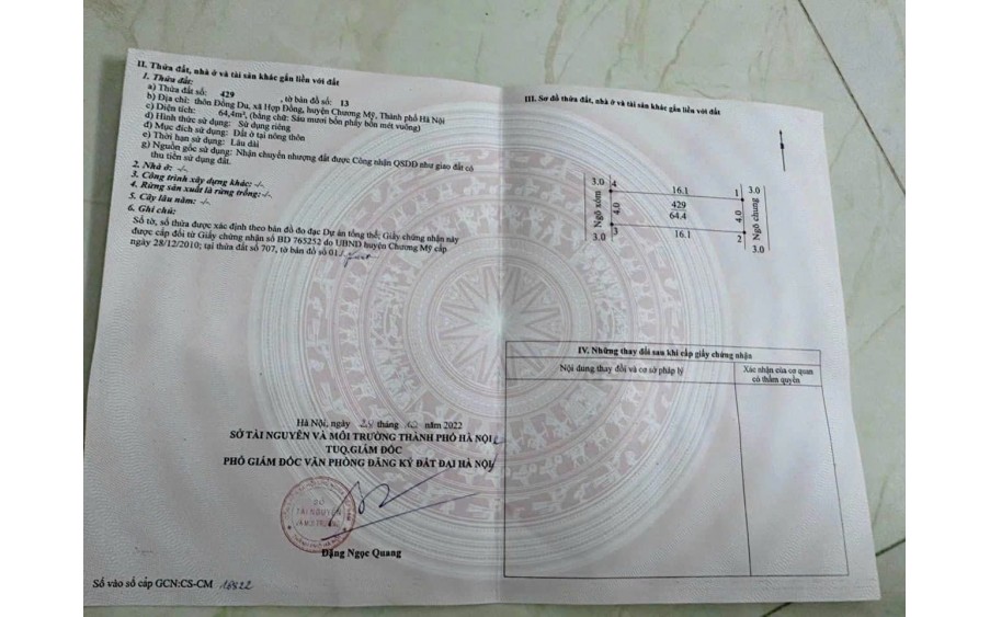 Cc cần bán 65 m2 đất, chỉ nhỉnh 1.x  tỷ,  lô đất 2 mặt đường, Ô TÔ chạy quanh tại Hợp Đồng, Chương Mỹ, giáp TL 419