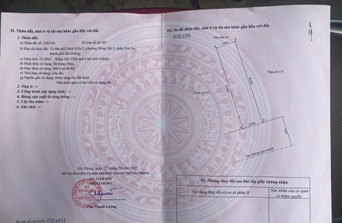 Bán lô đất tái định cư tasa Bình Kiều 2 diện tích 92 M Đông Hải 2 Hải An