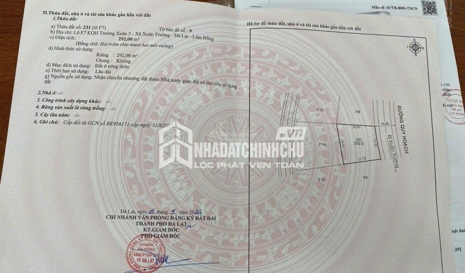 Bán đất tại KQH Trường Xuân 2, P. Xuân Trường, Đà Lạt. DT 292 m2( Mặt tiền 15m). Giá 7 tỷ TL
