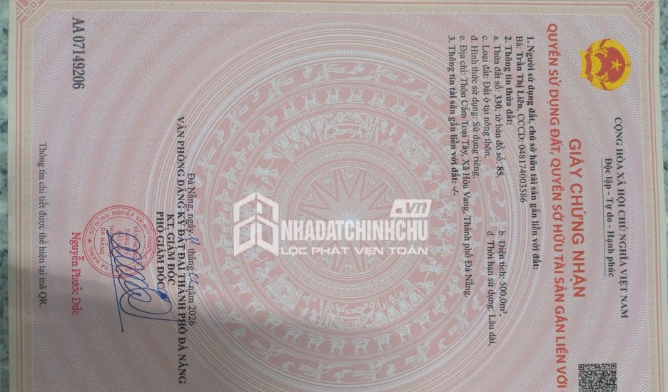 ĐẦU TƯ SINH LỜI-CHÍNH CHỦ BÁN GẤP Lô Đất Đẹp Tiềm Năng Tăng Giá Cao Cẩm Toại Tây, Hòa Vang, Đà Nẵng.
