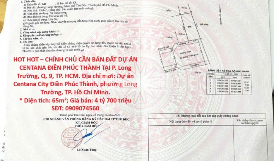 HOT HOT – CHÍNH CHỦ CẦN BÁN ĐẤT DỰ ÁN CENTANA ĐIỀN PHÚC THÀNH TẠI P. Long Trường, Q. 9, TP. HCM