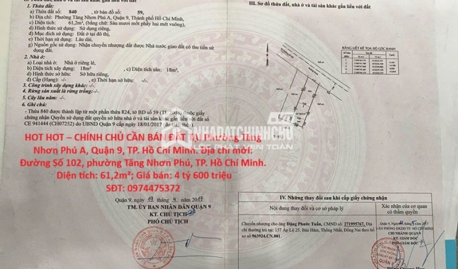 HOT HOT – CHÍNH CHỦ CẦN BÁN ĐẤT TẠI Phường Tăng Nhơn Phú A, Quận 9, TP. Hồ Chí Minh