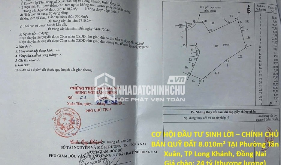 CƠ HỘI ĐẦU TƯ SINH LỜI – CHÍNH CHỦ BÁN QUỸ ĐẤT 8.010m² TẠI Phường Xuân Tân, TP Long Khánh, Đồng Nai