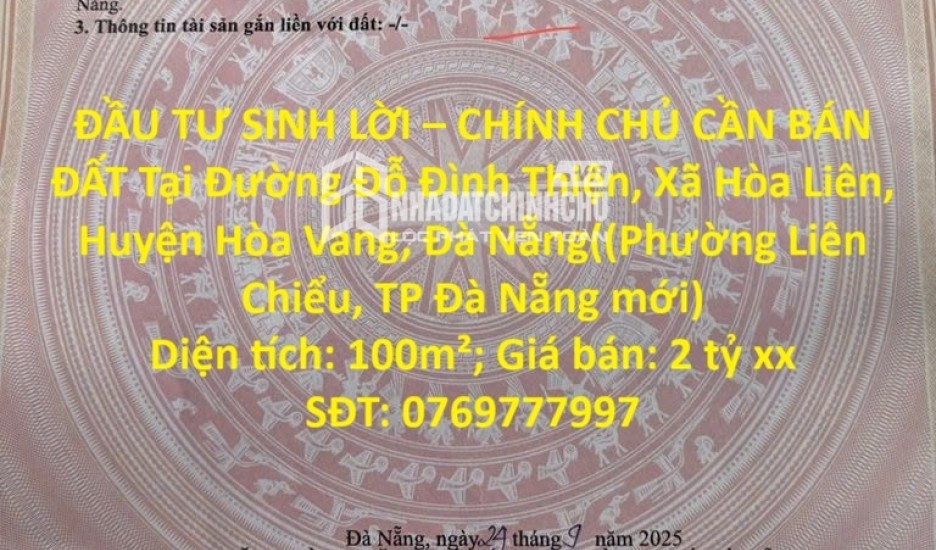 ĐẦU TƯ SINH LỜI – CHÍNH CHỦ CẦN BÁN ĐẤT Tại  Xã Hòa Liên, Huyện Hòa Vang, Đà Nẵng