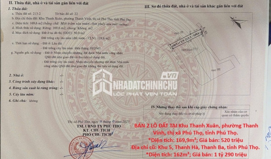 HOT HOT – CHÍNH CHỦ CẦN BÁN 2 LÔ ĐẤT TẠI TX. PHÚ THỌ VÀ H. THANH BA, tỉnh Phú Thọ.