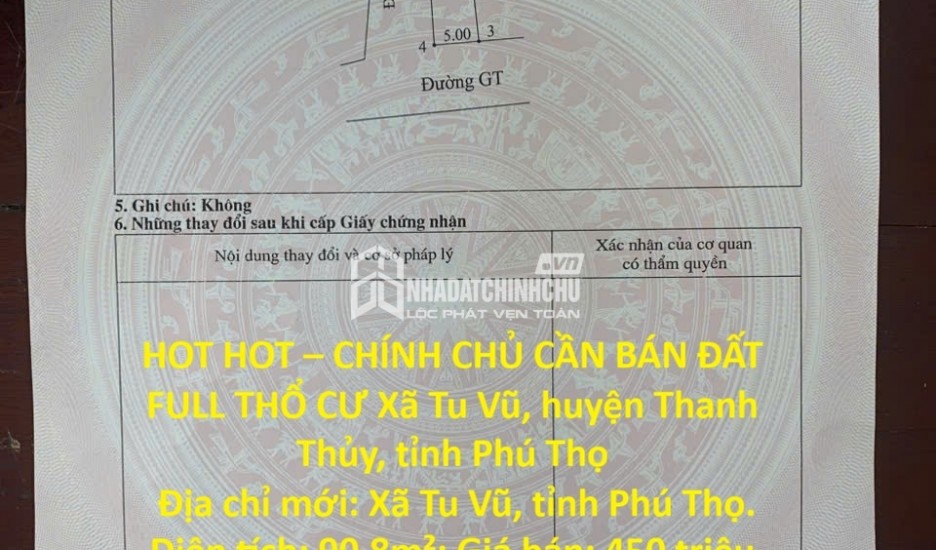 HOT HOT – CHÍNH CHỦ CẦN BÁN ĐẤT FULL THỔ CƯ Xã Tu Vũ, huyện Thanh Thủy, tỉnh Phú Thọ
