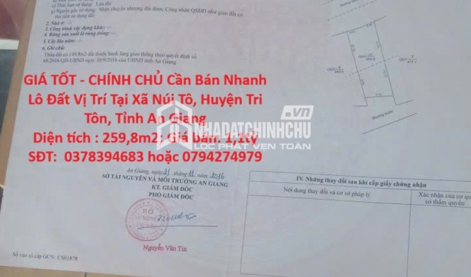 GIÁ TỐT - CHÍNH CHỦ Cần Bán Nhanh Lô Đất Vị Trí Tại Xã Núi Tô, Huyện Tri Tôn, Tỉnh An Giang