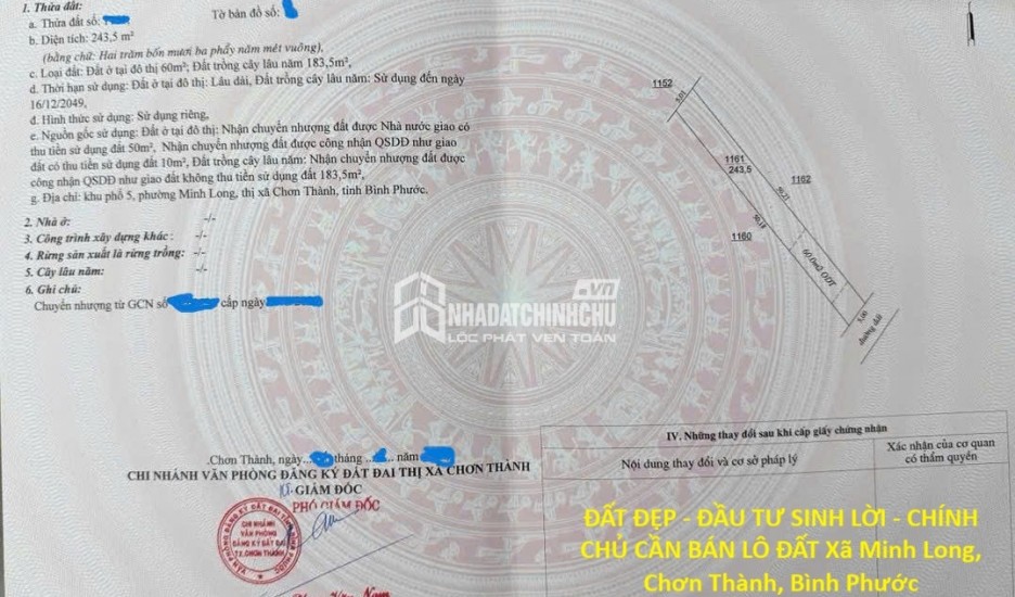 ĐẤT ĐẸP - ĐẦU TƯ SINH LỜI - CHÍNH CHỦ CẦN BÁN LÔ ĐẤT Xã Minh Long, Chơn Thành, Bình Phước