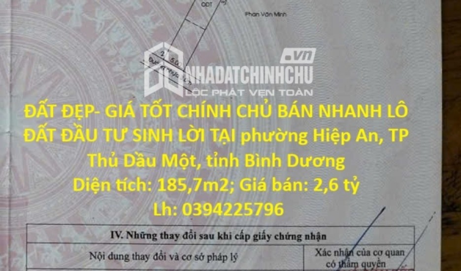 ĐẤT ĐẸP- GIÁ TỐT CHÍNH CHỦ BÁN NHANH LÔ ĐẤT ĐẦU TƯ SINH LỜI TẠI TP Thủ Dầu Một, tỉnh Bình Dương