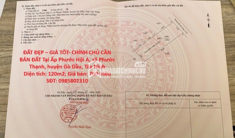 ĐẤT ĐẸP – GIÁ TỐT- CHÍNH CHỦ CẦN BÁN ĐẤT Tại Ấp Phước Hội A, xã Phước Thạnh, huyện Gò Dầu, Tây Ninh