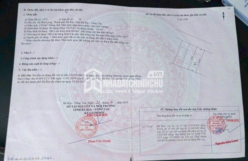 ĐẤT ĐẸP - ĐẦU TƯ SINH LỜI - Chính Chủ Cần Bán Lô Đất Tại Xã Hòa Long, Thành Phố Bà Rịa, BRVT