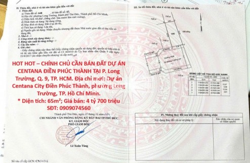 HOT HOT – CHÍNH CHỦ CẦN BÁN ĐẤT DỰ ÁN CENTANA ĐIỀN PHÚC THÀNH TẠI P. Long Trường, Q. 9, TP. HCM