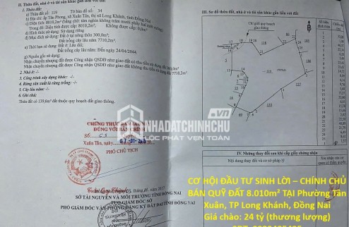 CƠ HỘI ĐẦU TƯ SINH LỜI – CHÍNH CHỦ BÁN QUỸ ĐẤT 8.010m² TẠI Phường Xuân Tân, TP Long Khánh, Đồng Nai