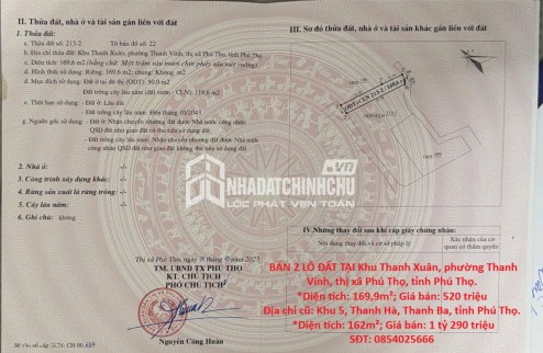 HOT HOT – CHÍNH CHỦ CẦN BÁN 2 LÔ ĐẤT TẠI TX. PHÚ THỌ VÀ H. THANH BA, tỉnh Phú Thọ.