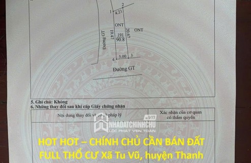 HOT HOT – CHÍNH CHỦ CẦN BÁN ĐẤT FULL THỔ CƯ Xã Tu Vũ, huyện Thanh Thủy, tỉnh Phú Thọ