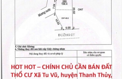HOT HOT – CHÍNH CHỦ CẦN BÁN ĐẤT THỔ CƯ Xã Tu Vũ, huyện Thanh Thủy, tỉnh Phú Thọ