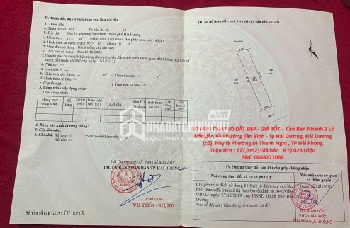 SỞ HỮU NGAY LÔ ĐẤT ĐẸP - GIÁ TỐT -  Cần Bán Nhanh 2 Lô Đất Liền Kề Vị Trí Tại Phường Tân Bình - Tp Hải Dương