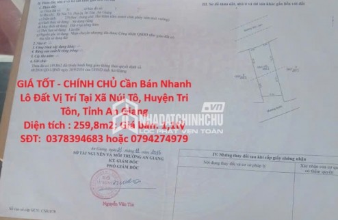 GIÁ TỐT - CHÍNH CHỦ Cần Bán Nhanh Lô Đất Vị Trí Tại Xã Núi Tô, Huyện Tri Tôn, Tỉnh An Giang