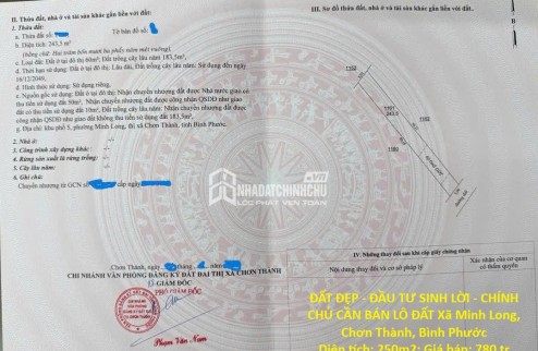 ĐẤT ĐẸP - ĐẦU TƯ SINH LỜI - CHÍNH CHỦ CẦN BÁN LÔ ĐẤT Xã Minh Long, Chơn Thành, Bình Phước