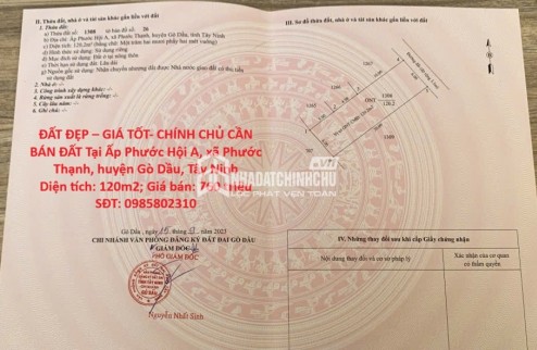 ĐẤT ĐẸP – GIÁ TỐT- CHÍNH CHỦ CẦN BÁN ĐẤT Tại Ấp Phước Hội A, xã Phước Thạnh, huyện Gò Dầu, Tây Ninh