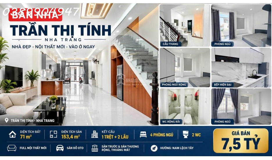BÁN NHÀ MỚI 3 TẦNG MẶT TIỀN ĐƯỜNG TRẦN THỊ TÍNH NHA TRANG – DIỆN TÍCH SÀN 153,4M² FULL NỘI THẤT CAO CẤP CÓ 4 PHÒNG NGỦ SÂN ĐỖ Ô TÔ VÀ SÂN THƯỢNG