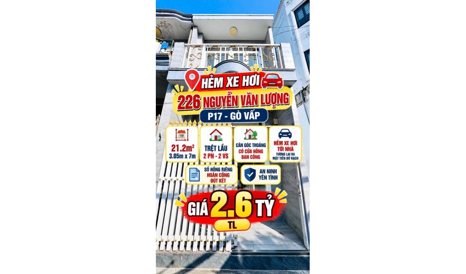 Bán nhà Nguyễn Văn Lượng P17 Gò Vấp 21m2 2 tầng căn góc HXH giá 2.6tỷ