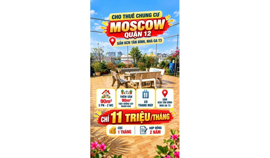 Cho thuê CC Moscow Q12 sát KCN Tân Bình 90m2, 3PN, sân vườn,11tr/th
