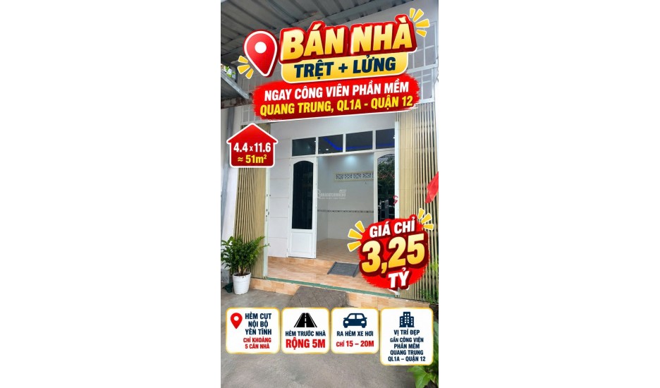 Bán nhà trệt lửng sát CVPM Quang Trung Q12 51m2 hẻm 5m chỉ 3.25tỷ