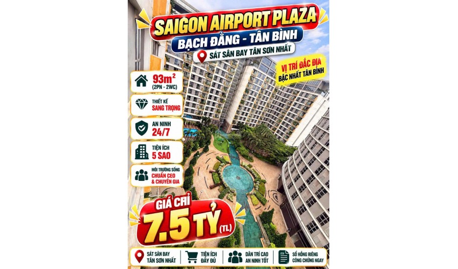 Bán căn hộ Saigon Airport Plaza 93m2, 2PN  , Sổ riêng 7.5tỷ