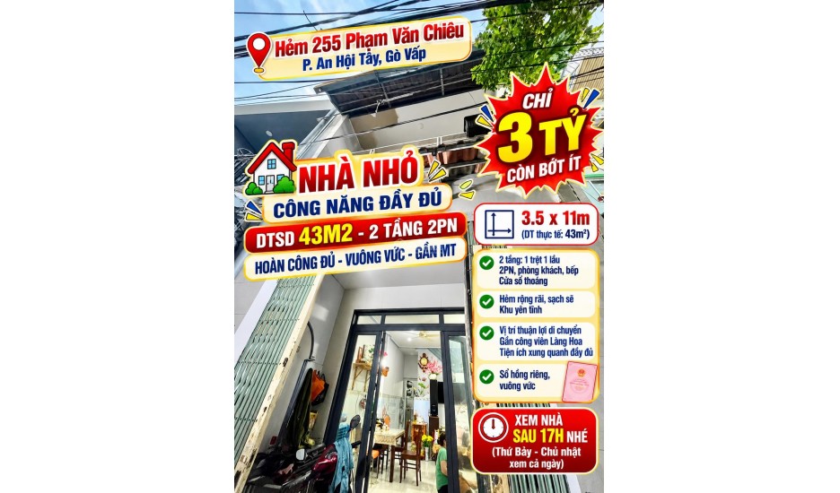 Bán nhà 2 tầng hẻm 255 Phạm Văn Chiêu, Gò Vấp -43m2 chỉ 3ty bớt lộc